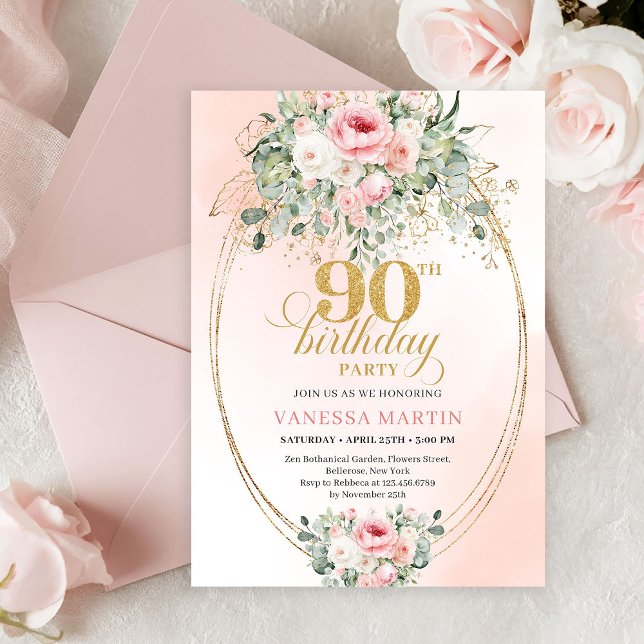Delicate Blush Floral Greenery Elegant 90 Birthday Invitation (Refined Blush Roses Gold Minimal 90th Birthday Invitation)