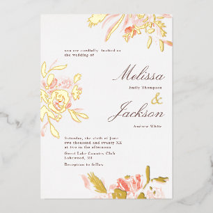 Delicate Blush Flower and Gold Bloom Wedding Foil Invitation