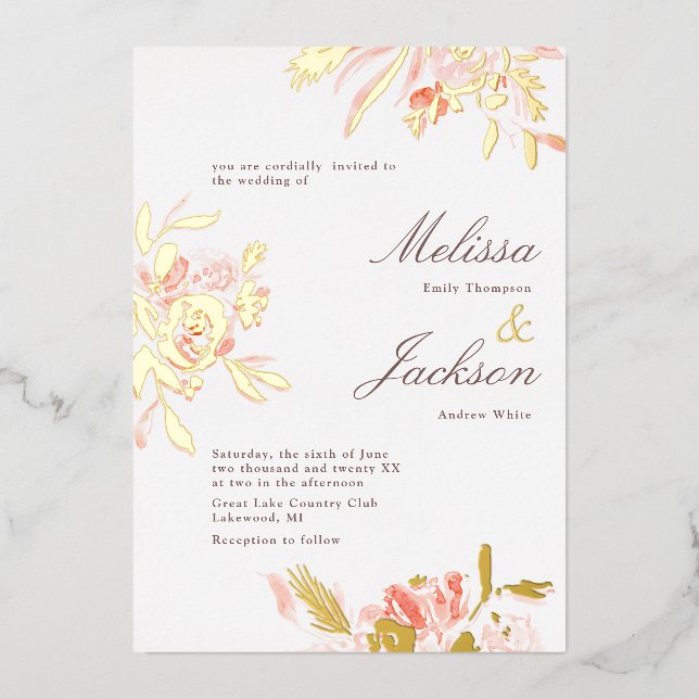 Delicate Blush Flower and Gold Bloom Wedding   Foil Invitation (Front)