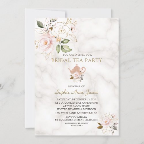 Delicate Blush Gold Floral Bridal Shower Tea Party Invitation