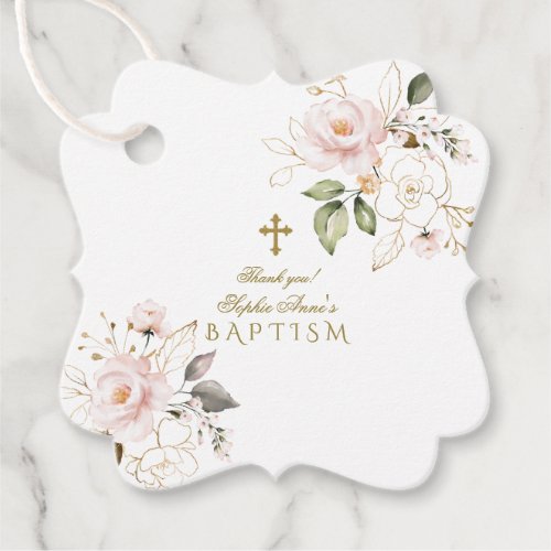 Delicate Blush Gold Flowers Gold Cross Baptism Favor Tags