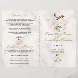 Delicate Blush Gold Flowers Marble Wedding Program