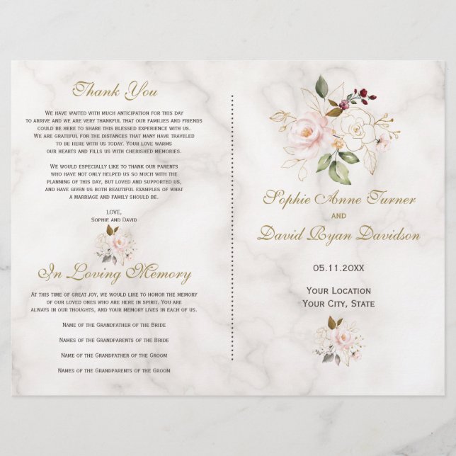 Delicate Blush Gold Flowers Marble Wedding Program (Front)