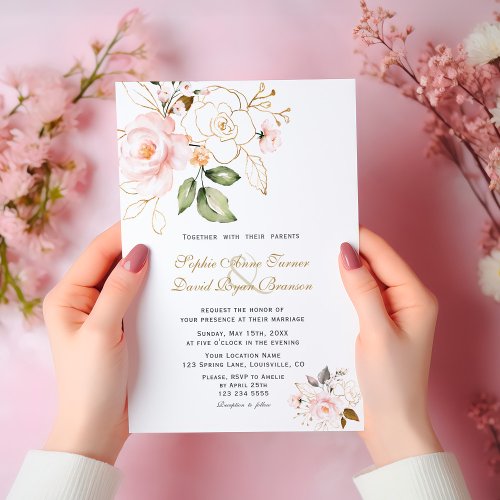 Delicate Blush Gold Flowers Monogram Wedding Invitation