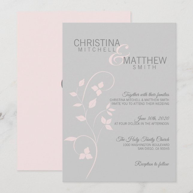 Delicate Blush Pink Dusty Rose & Grey Vine Wedding Invitation (Front/Back)