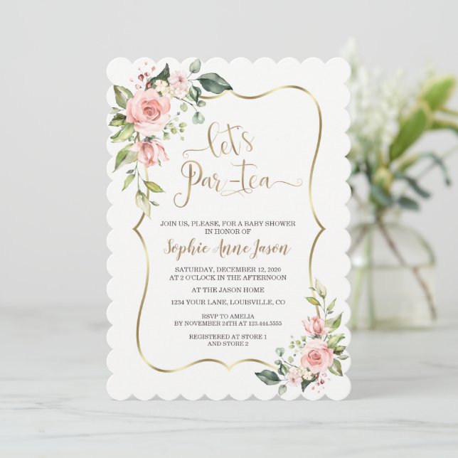Delicate Blush Pink Floral Baby Shower Tea Party  Invitation (Standing Front)