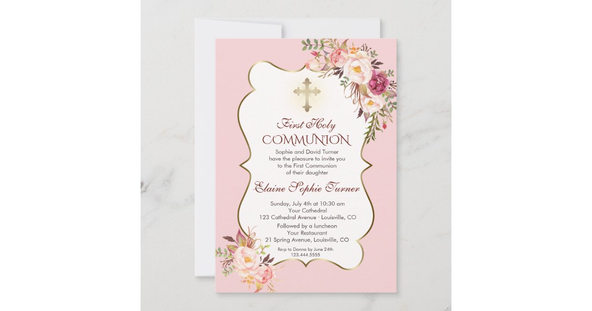 Delicate Blush Pink Floral First Holy Communion Invitation | Zazzle