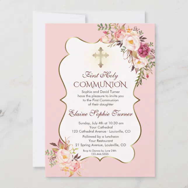 Delicate Blush Pink Floral First Holy Communion Invitation | Zazzle