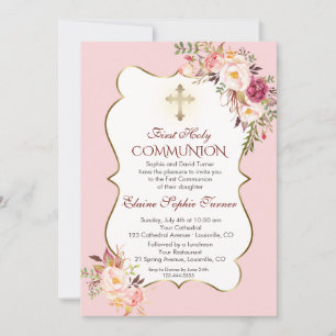 Delicate Blush Pink Floral First Holy Communion Invitation