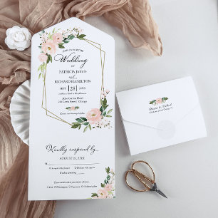 Delicate Blush Pink Floral Geometric Wedding All In One Invitation