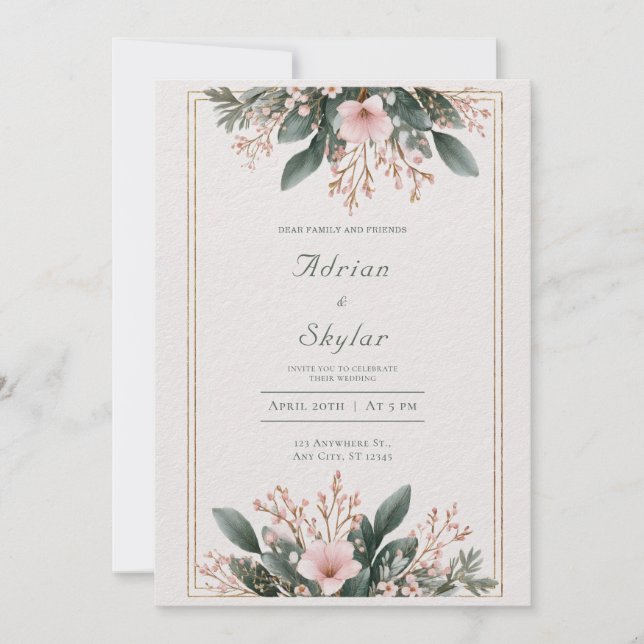 Delicate Blush Pink Floral Gold Frame Wedding Invitation (Front)