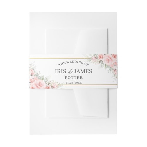 Delicate Blush Pink Floral Gold Greenery Wedding Invitation Belly Band