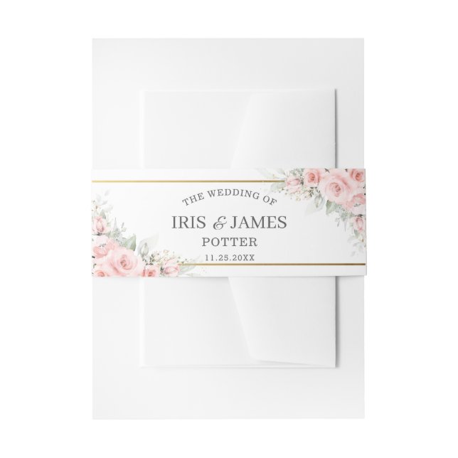 Delicate Blush Pink Floral Gold Greenery Wedding Invitation Belly Band (Front Example)