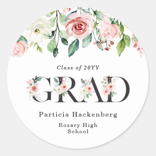 Delicate Blush Pink Floral Letters Graduation  Classic Round Sticker