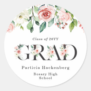 Delicate Blush Pink Floral Letters Graduation Classic Round Sticker