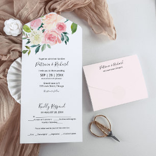 Delicate Blush Pink Floral Watercolor Wedding All In One Invitation