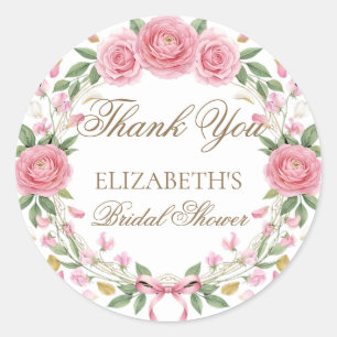 Delicate Blush Pink Floral Wreath Script Thank You Classic Round Sticker