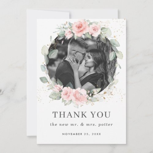 Delicate Blush Pink Floral Wreath Wedding Photo Thank You Card