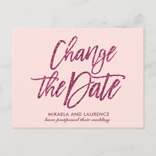 Delicate Blush Pink glitter script change the date Announcement Postcard