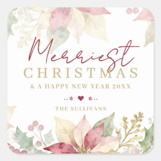 Delicate Blush Pink Poinsettia Gold Frame TM26 Square Sticker