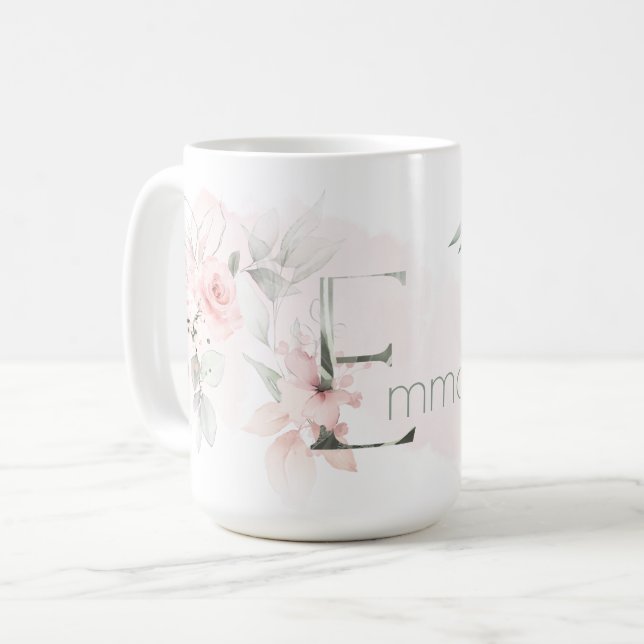 Delicate Blush Pink Rose Monogram Letter E Coffee Mug (Front Left)