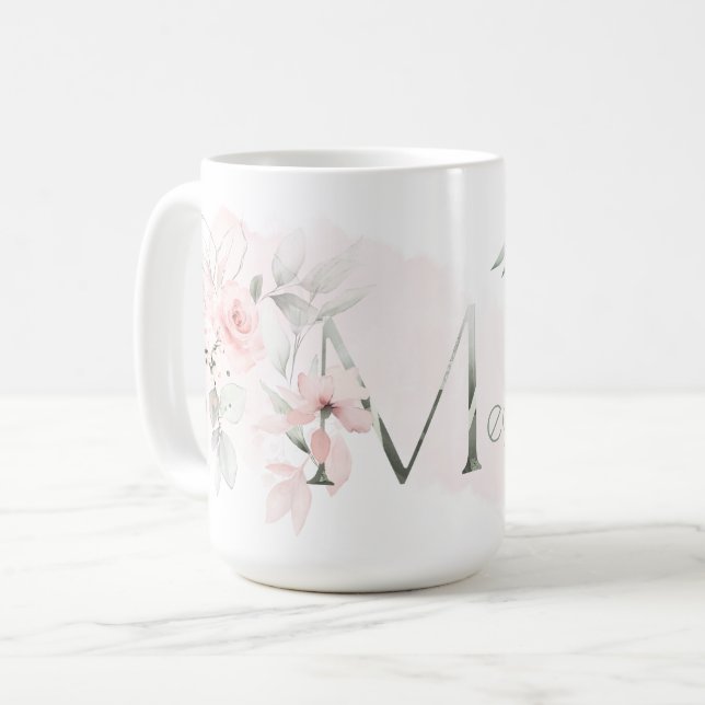 Delicate Blush Pink Rose Monogram Letter M Coffee Mug (Front Left)