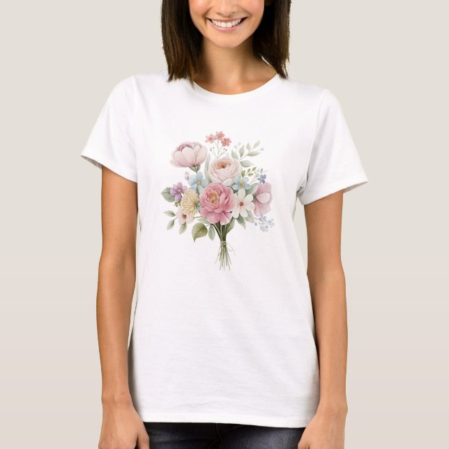 Delicate Blush Rose Watercolor Bouquet T-Shirt (Front)