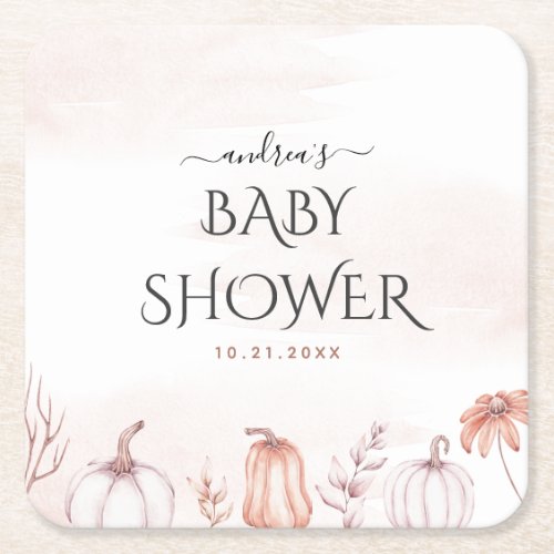 Delicate Blush Warm Tone Fall Pumpkin Baby Shower Square Paper Coaster