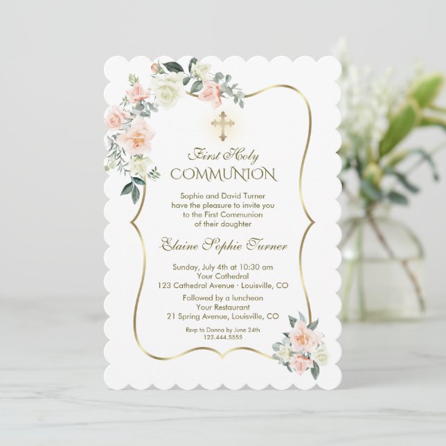 Delicate Blush White Flowers First Holy Communion Invitation (Standing Front)