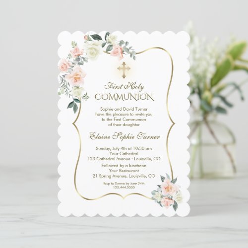 Delicate Blush White Flowers First Holy Communion Invitation