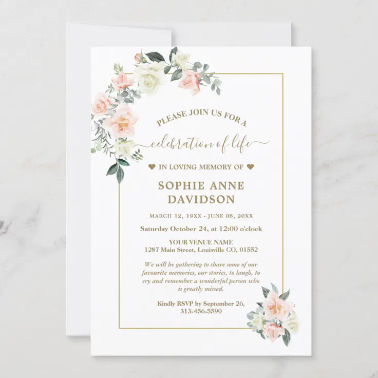 Delicate Blush White Flowers Funeral Memorial Invitation | Zazzle