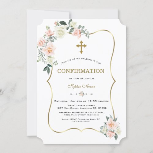 Delicate Blush White Flowers Gold Confirmation Invitation