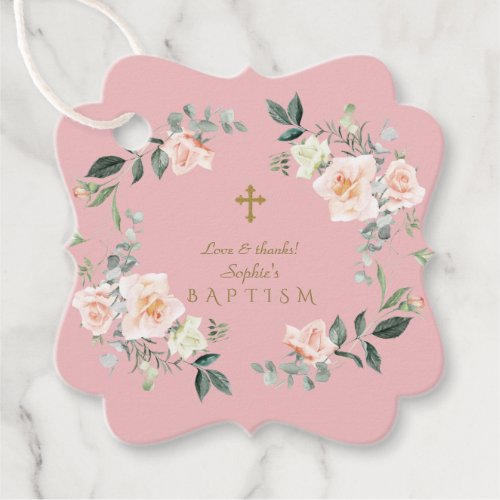 Delicate Blush White Flowers Gold Girl Baptism Favor Tags