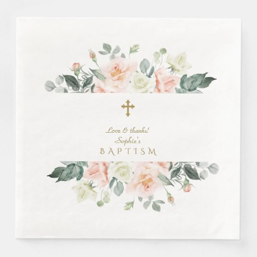 Delicate Blush White Flowers Gold Girl Baptism Paper Dinner Napkins