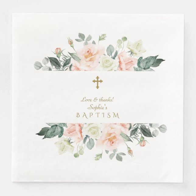 Delicate Blush White Flowers Gold Girl Baptism Paper Dinner Napkins (Front)