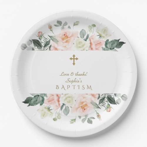 Delicate Blush White Flowers Gold Girl Baptism Paper Plates