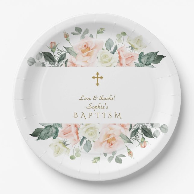 Delicate Blush White Flowers Gold Girl Baptism Paper Plates (Front)
