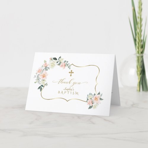 Delicate Blush White Flowers Gold Girl Baptism Thank You Card