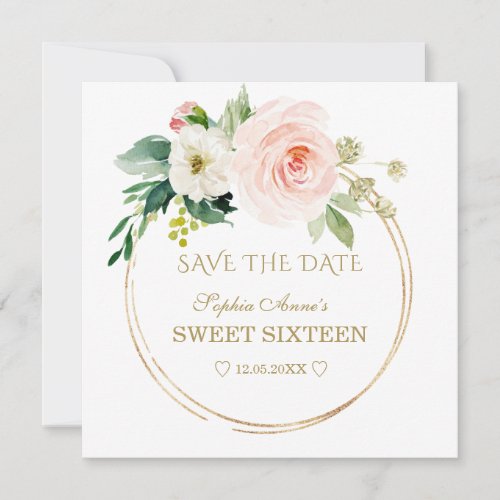 Delicate Blush White Flowers Gold Sweet Sixteen Save The Date