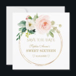 Delicate Blush White Flowers Gold Sweet Sixteen Save The Date<br><div class="desc">Elegant card design featuring gorgeous watercolour pink,  blush,  cream flowers bouquets,  a faux gold glitter broken round frame,  elegant typography. Use Personalize tool to add your info. See,  also,  my Quinceañera & Sweet Sixteen Party Collection.</div>