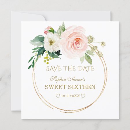 Delicate Blush White Flowers Gold Sweet Sixteen Save The Date