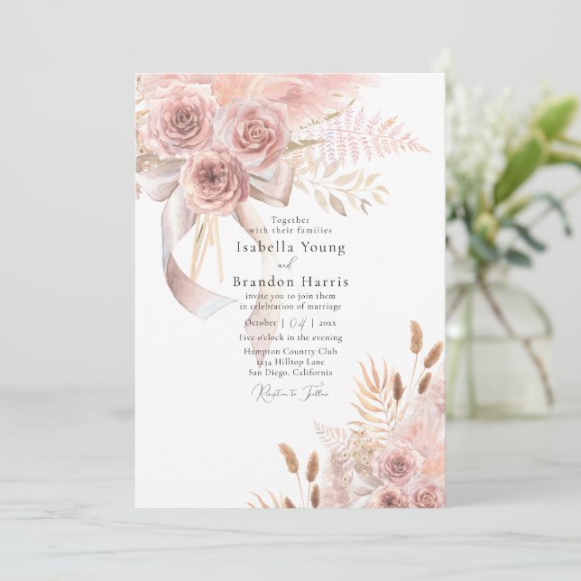 Delicate Bohemian Pink Floral Wedding Invitation (Standing Front)