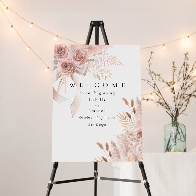 Delicate Bohemian Pink Floral Welcome Sign (In Situ (Stand))