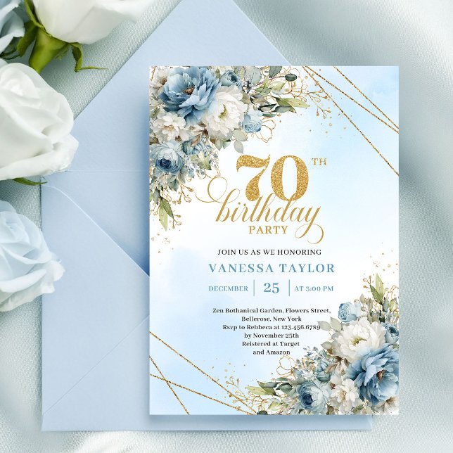 Delicate boho blue florals gold frame 70 birthday invitation (Delicate boho blue florals gold frame 70th birthday

)