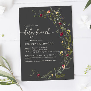Delicate Boho Dark Gray Wildflowers Baby Brunch Invitation