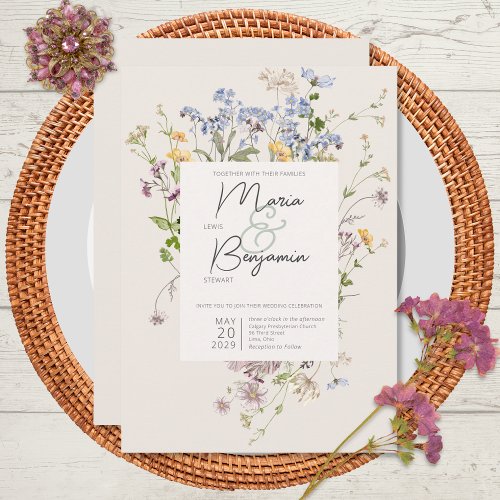 Delicate Boho Wildflowers Cream Wedding Invitation