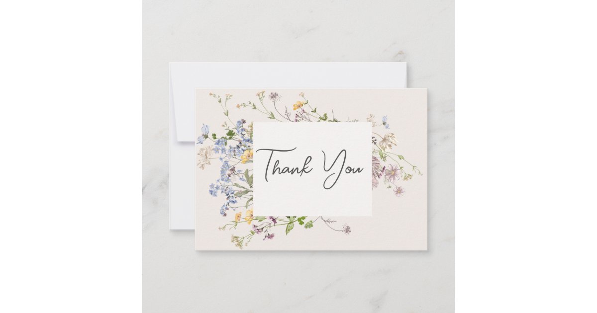 Delicate Boho Wildflowers Cream Wedding Thank You Card | Zazzle