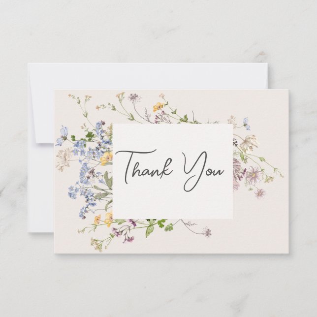 Delicate Boho Wildflowers Cream Wedding Thank You Card (Front)
