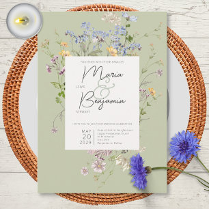 Delicate Boho Wildflowers Green Wedding Invitation