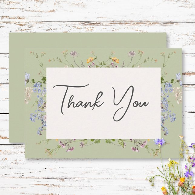 Delicate Boho Wildflowers Green Wedding Thank You Card (Delicate Boho Wildflowers Green Wedding Thank You Card)